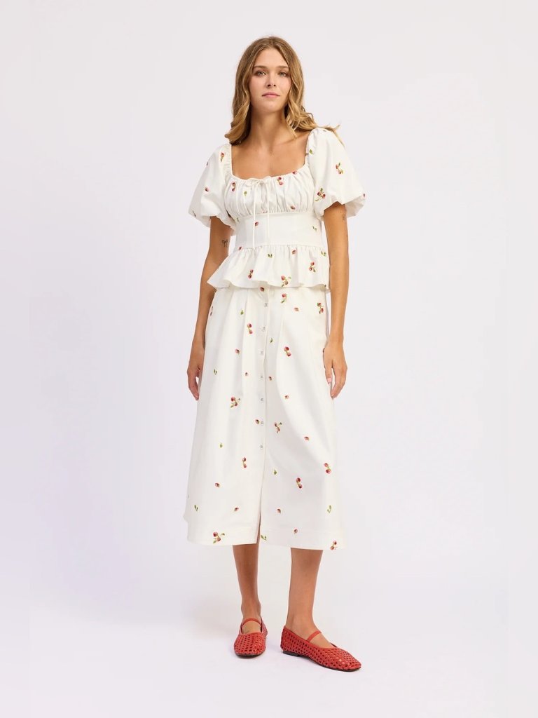 Nwt En Saison Strawberry Kiss Peplum Top And Midi Skirt Set In White
